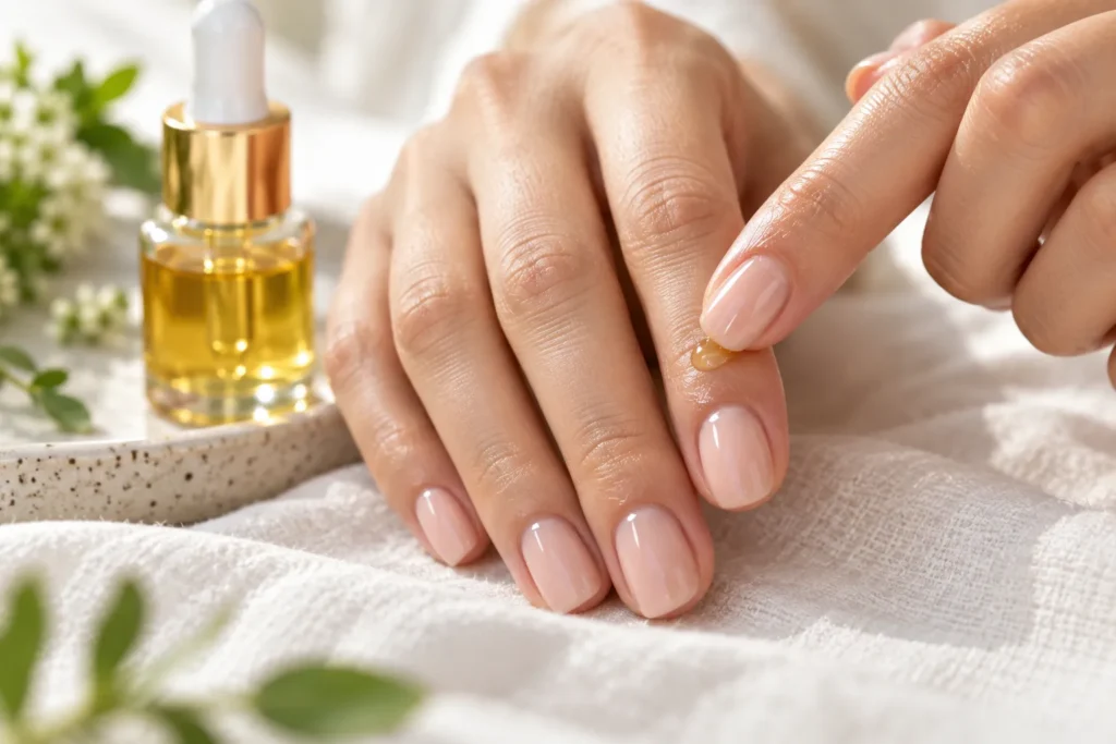 10 Simple Clover Oil Tips for Your Everyday Self-Care 6 Close-up of a hand applying clover oil to the cuticle for softer nails