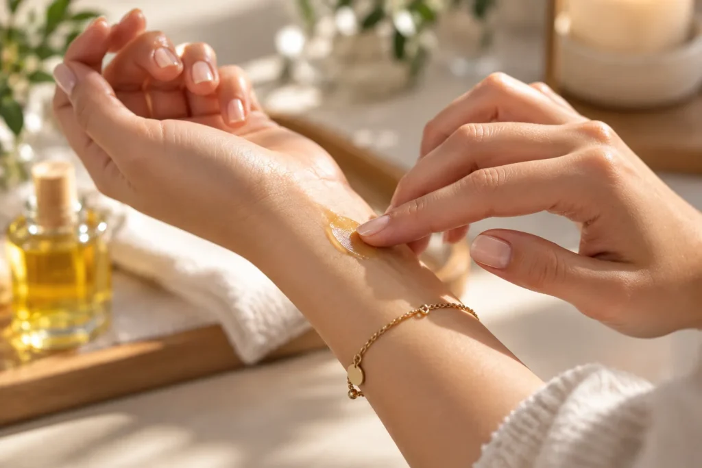 10 Simple Clover Oil Tips for Your Everyday Self-Care 10 Woman dabbing clover oil onto her wrist as a natural fragrance alternative