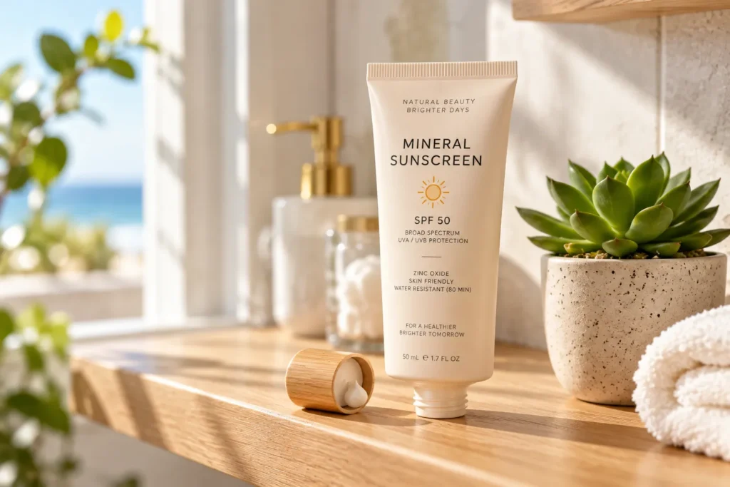 10 Sustainable Sunscreen Habits for Greener Skin 2 Mineral zinc oxide sunscreen tube on a bathroom shelf beside a potted plant