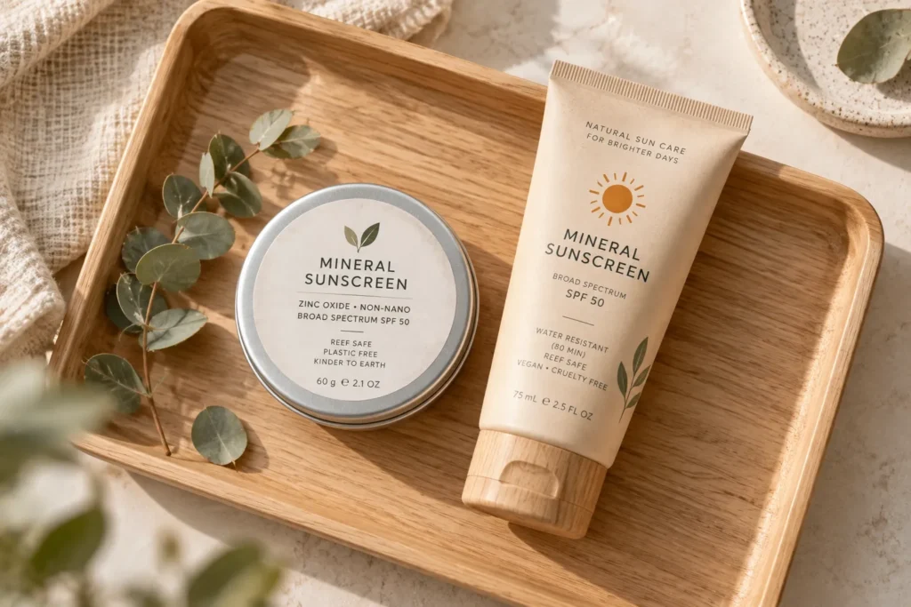 10 Sustainable Sunscreen Habits for Greener Skin 4 Aluminum tin and paper tube sunscreen packaging on a wooden tray