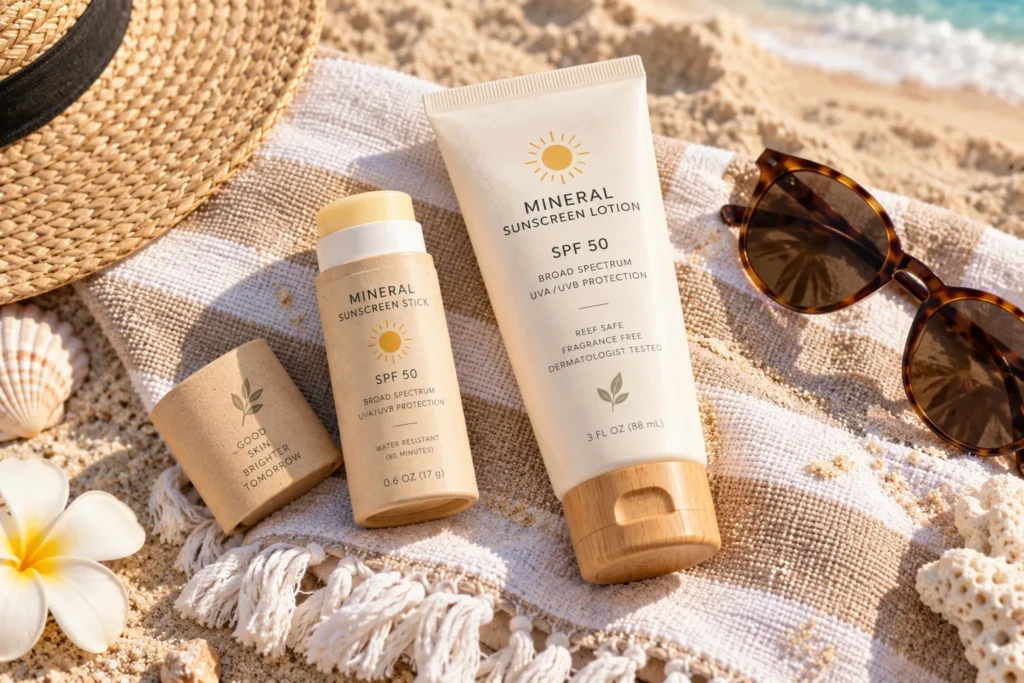 10 Sustainable Sunscreen Habits for Greener Skin 6 Sunscreen stick and lotion tube next to a beach towel