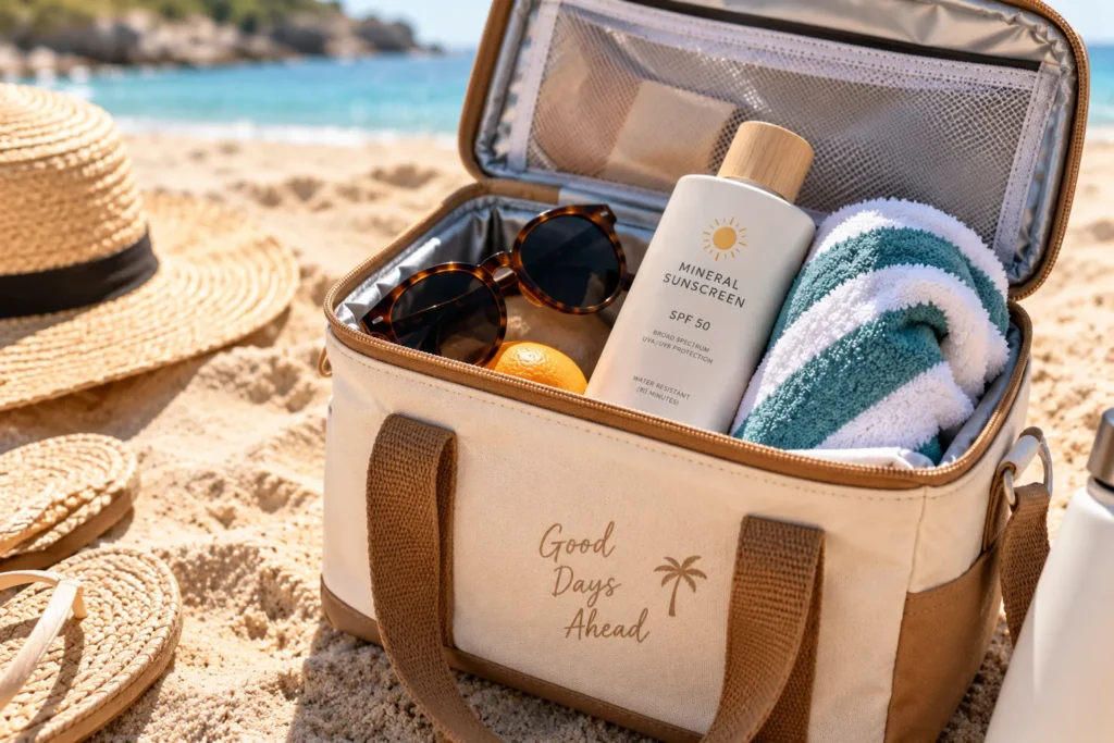 10 Sustainable Sunscreen Habits for Greener Skin 8 Insulated beach bag holding a sunscreen bottle and sunglasses