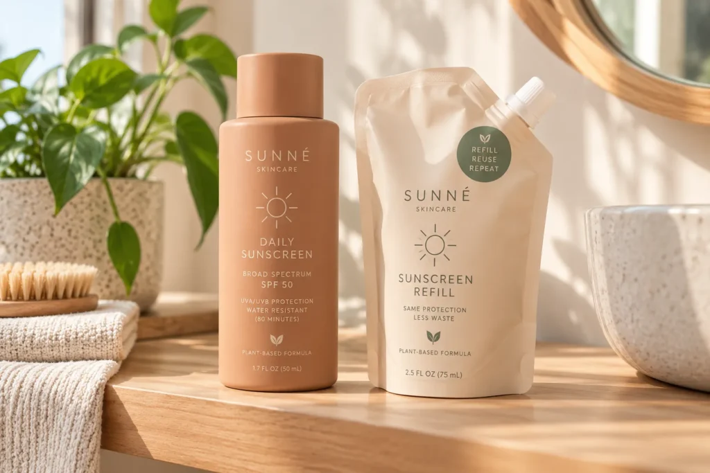 10 Summer Sunscreen Packaging Trends to Watch 2 Reusable sunscreen bottle with refill pouch on a bathroom shelf