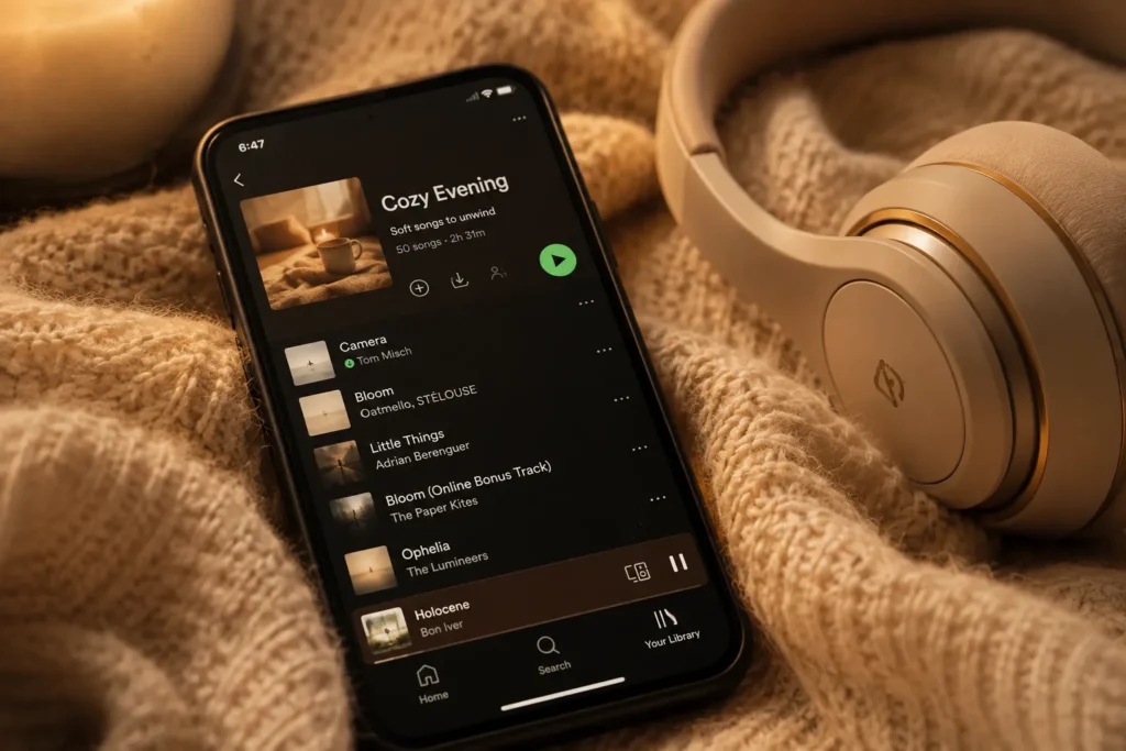 10 New Tricks That Make Everyday Life Less Stressful 8 Calming playlist on a phone screen with headphones for stress relief