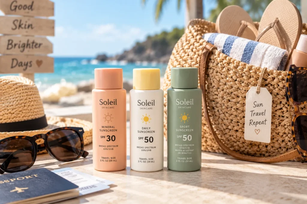 10 Summer Sunscreen Packaging Trends to Watch 8 Travel size sunscreen bottles packed for a beach vacation