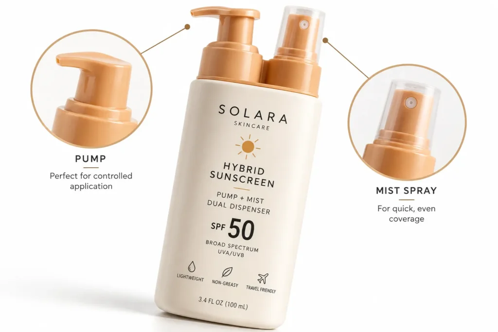 10 Summer Sunscreen Packaging Trends to Watch 10 Hybrid sunscreen bottle with pump and mist spray nozzles