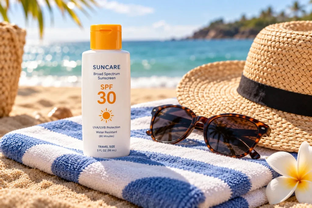 10 Best SPF 30 Vacation Sunscreens for Sunny Trips 2 Travel-size SPF 30 vacation sunscreen bottle on a beach towel with sunglasses and straw hat
