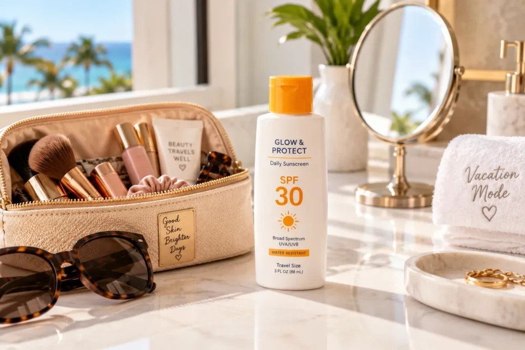 10 Best SPF 30 Vacation Sunscreens for Sunny Trips 4 SPF 30 sunscreen on a hotel bathroom counter beside a makeup bag and travel mirror