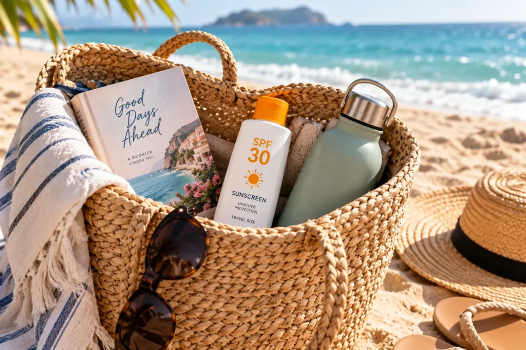 10 Best SPF 30 Vacation Sunscreens for Sunny Trips 6 Beach bag with SPF 30 sunscreen, a book, and a water bottle on the sand