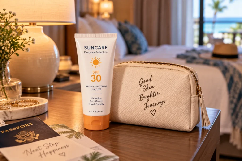 10 Best SPF 30 Vacation Sunscreens for Sunny Trips 8 SPF 30 hydrating sunscreen cream next to a skincare pouch on a bedside table