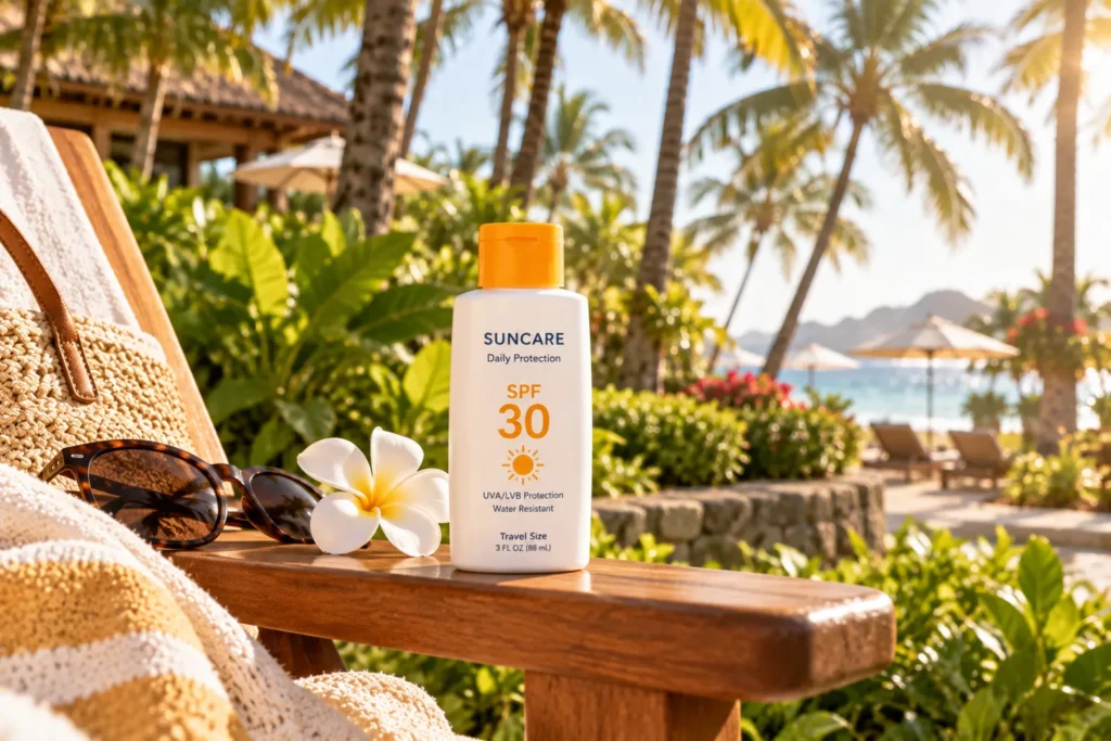 10 Best SPF 30 Vacation Sunscreens for Sunny Trips 10 SPF 30 botanical sunscreen bottle on a lounge chair surrounded by palm trees
