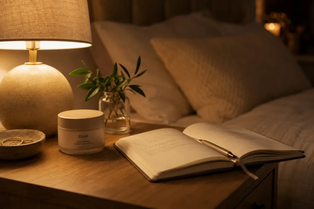10 New Tricks That Make Everyday Life Less Stressful 10 Calm bedside table with moisturizer and notebook for a relaxing bedtime routine