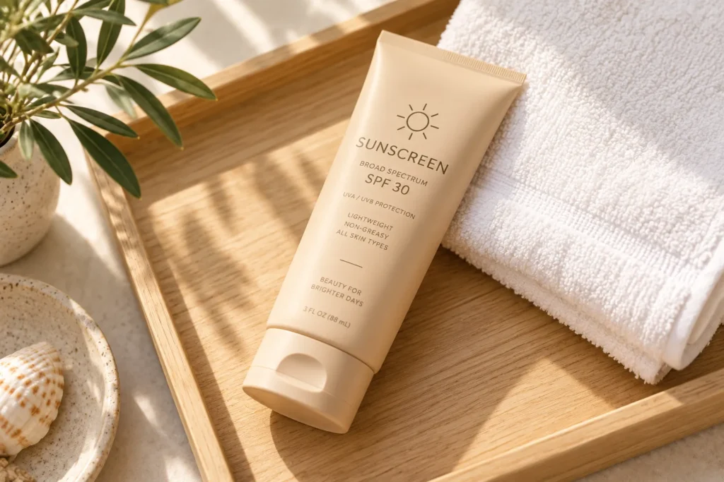 10 Beachside Sunscreen Packaging Designs You'll Love 2 Matte sand colored sunscreen tube on wood tray with white towel