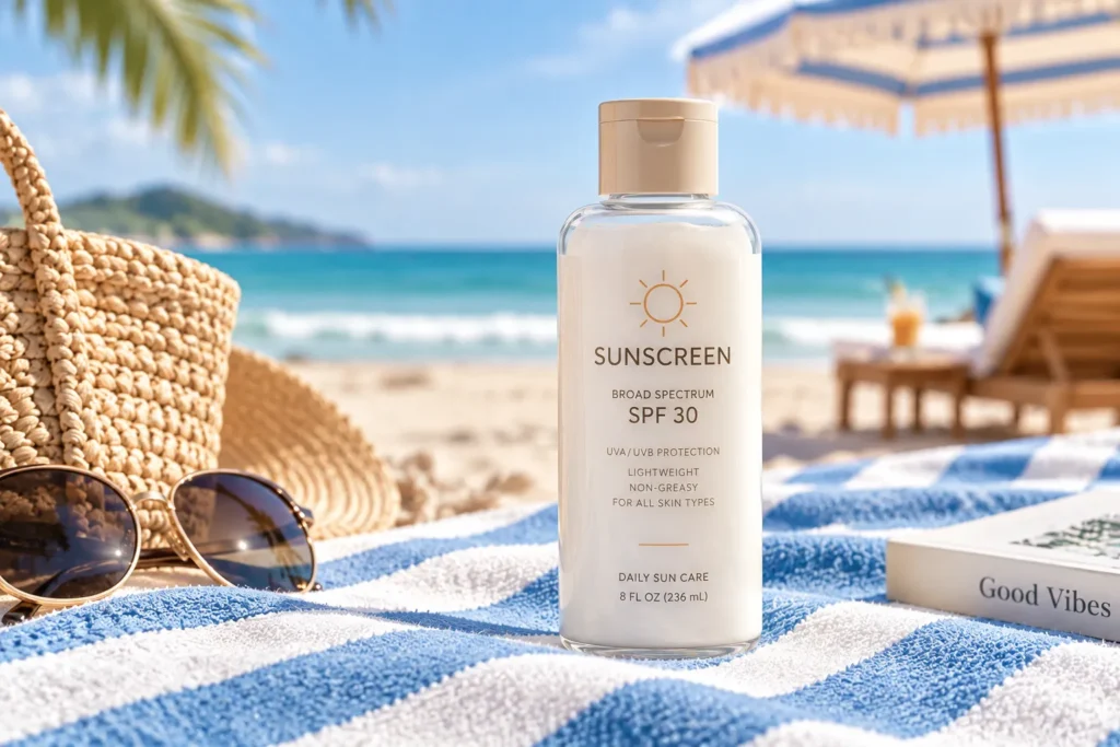 10 Beachside Sunscreen Packaging Designs You'll Love 4 Clear sunscreen bottle showing white lotion on striped blanket