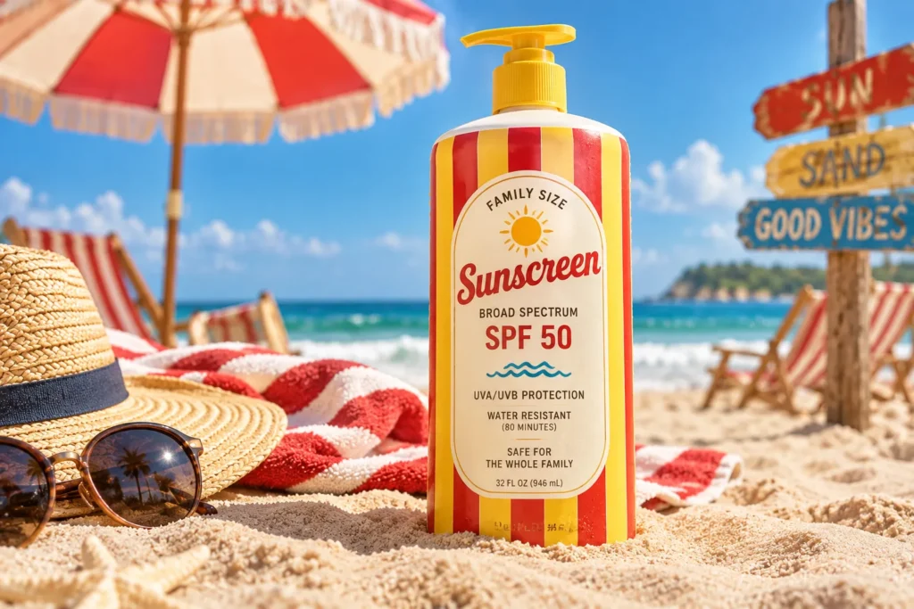 10 Beachside Sunscreen Packaging Designs You'll Love 6 Red and yellow striped family size sunscreen bottle in sand