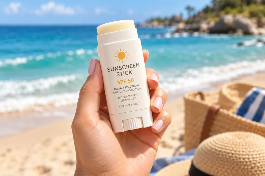 10 Beachside Sunscreen Packaging Designs You'll Love 8 Hand holding twist up sunscreen stick at the beach