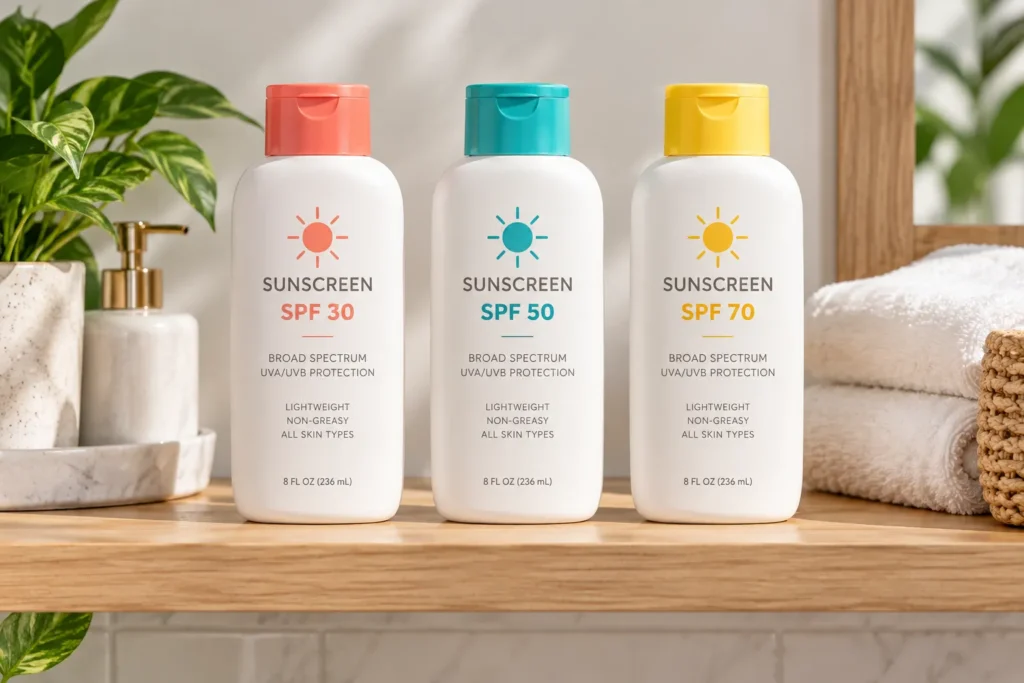 10 Beachside Sunscreen Packaging Designs You'll Love 10 Row of white sunscreen bottles with different colored caps