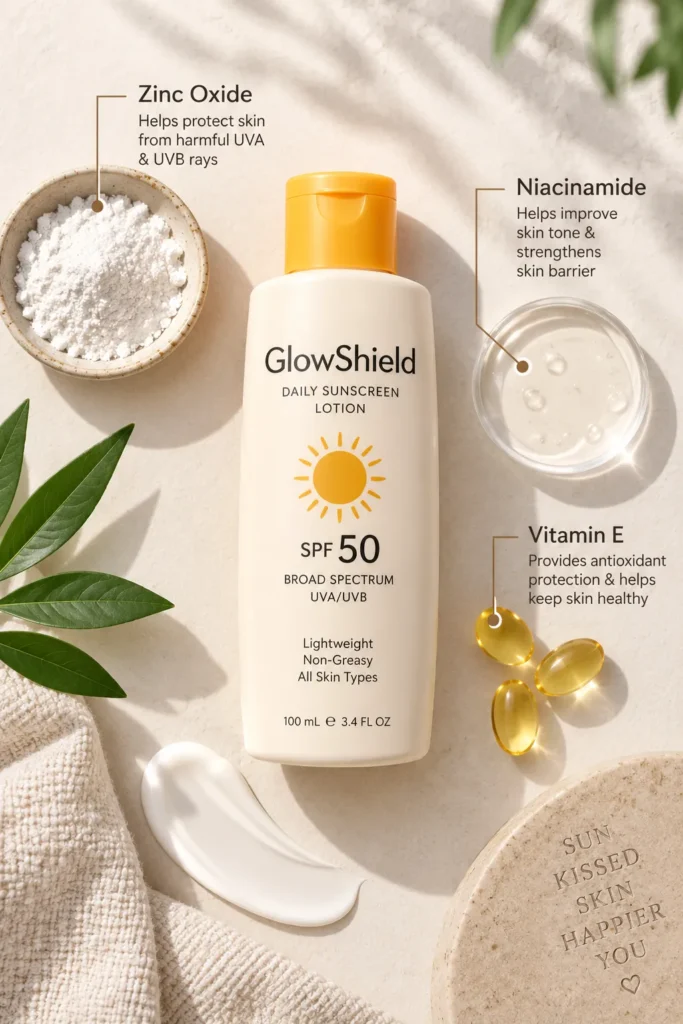 10 Sun Protection Lotion Ad Ideas That Actually Convert 4 Flat lay of sunscreen bottle with key ingredients labeled