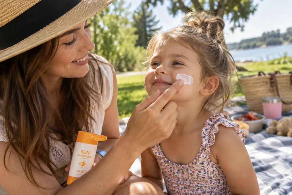 10 Sun Protection Lotion Ad Ideas That Actually Convert 10 Parent applying sunscreen to child at the park or beach