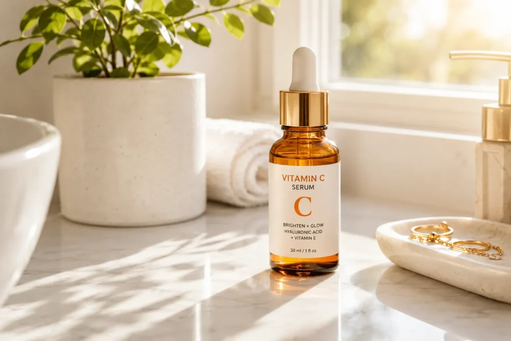 10 Beach Skincare Must-Haves for Healthy Summer Skin 6 Vitamin C serum bottle on sunlit bathroom counter