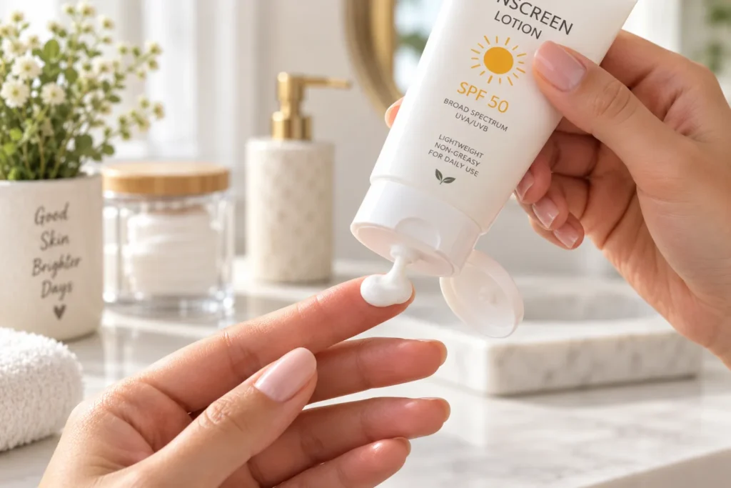 10 Sunscreen Lotion Secrets for Better Skin Care 2 Hand applying a coin sized amount of sunscreen lotion for proper skin coverage