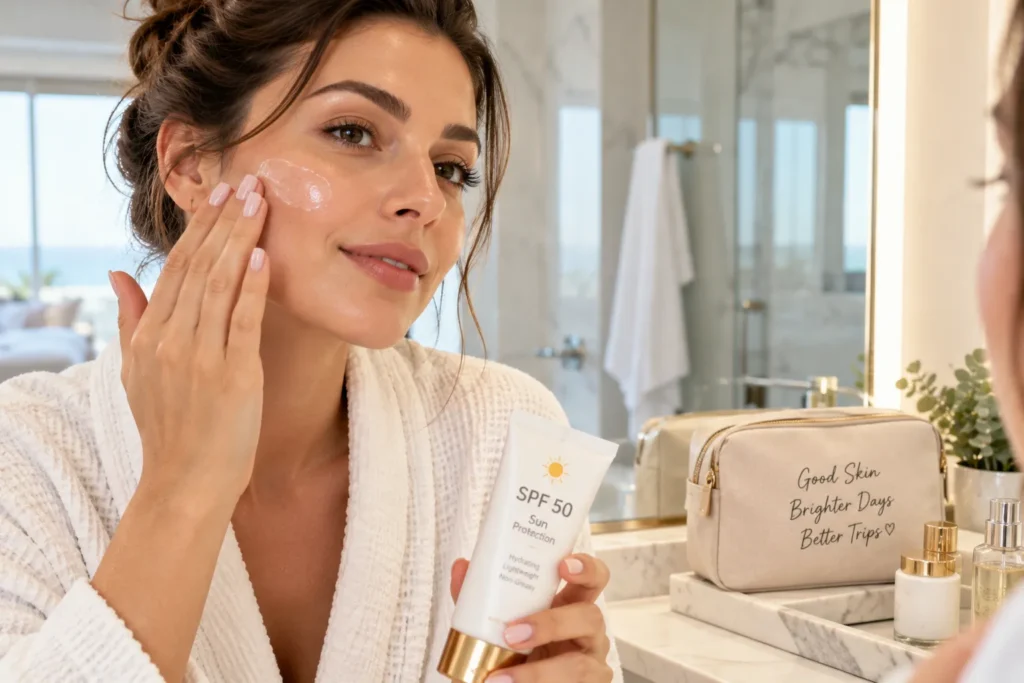 10 Vacation Sunscreen Products for Sunny Getaways 2 Woman applying clear gel sunscreen to her face in a bright bathroom mirror before a trip