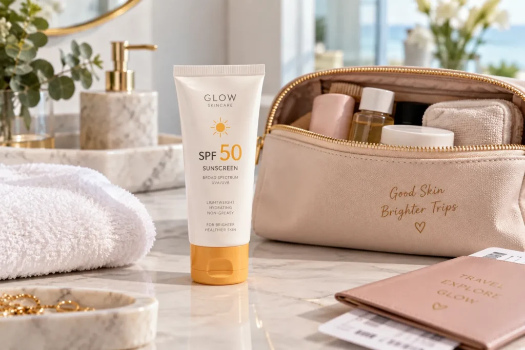 10 Vacation Sunscreen Products for Sunny Getaways 4 Travel-size face sunscreen tube on a bathroom counter next to a toiletry bag