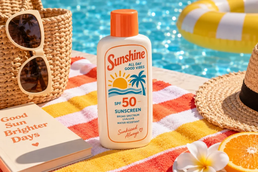 10 Vacation Sunscreen Products for Sunny Getaways 8 Retro sunscreen bottle on a striped beach towel by the pool
