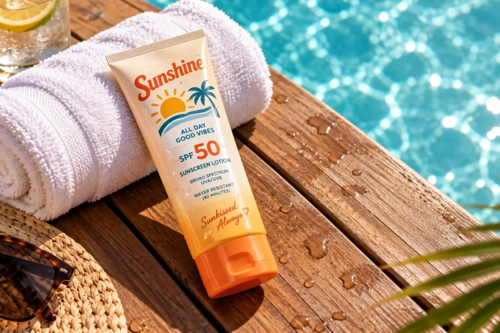 10 Vacation Sunscreen Products for Sunny Getaways 10 Mineral sunscreen lotion tube on a pool deck with a rolled towel