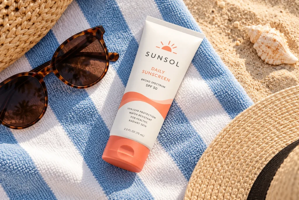 10 Beach Sunscreen Packaging Designs Made for Summer 2 Slim flat sunscreen tube next to folded beach towel and sunglasses