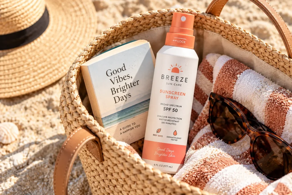 10 Beach Sunscreen Packaging Designs Made for Summer 4 Spray sunscreen bottle with locking nozzle in an open beach tote
