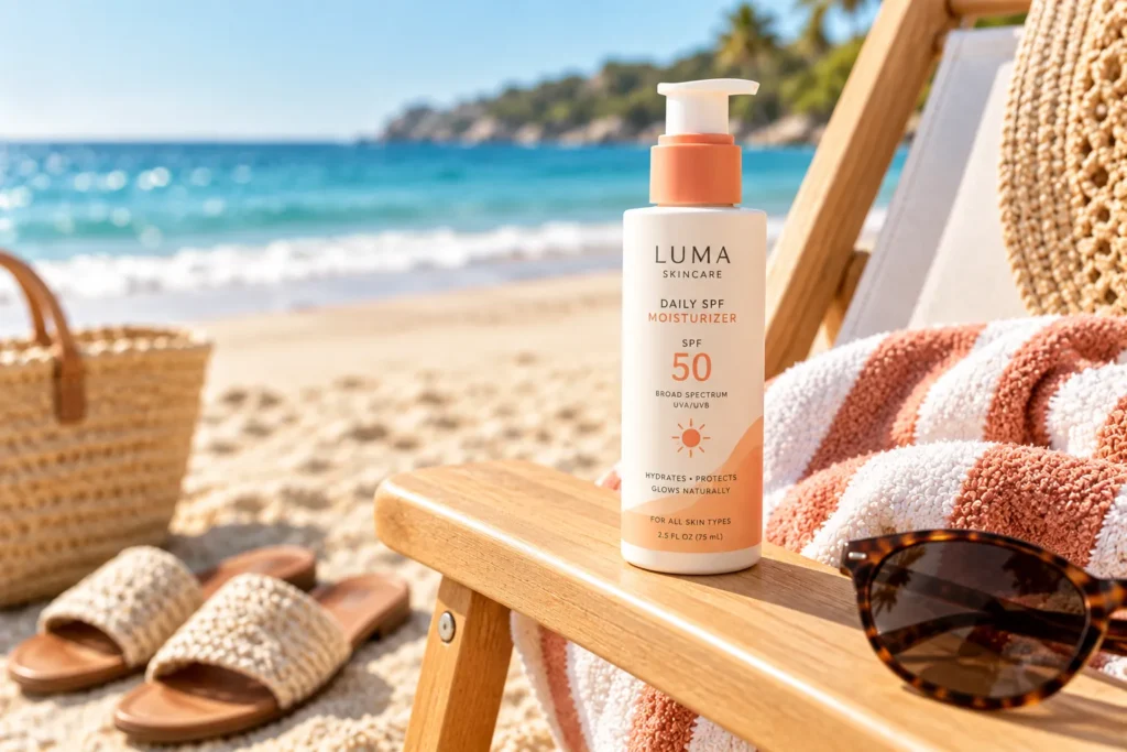 10 Beach Sunscreen Packaging Designs Made for Summer 8 SPF moisturizer pump bottle beside a beach chair and towel