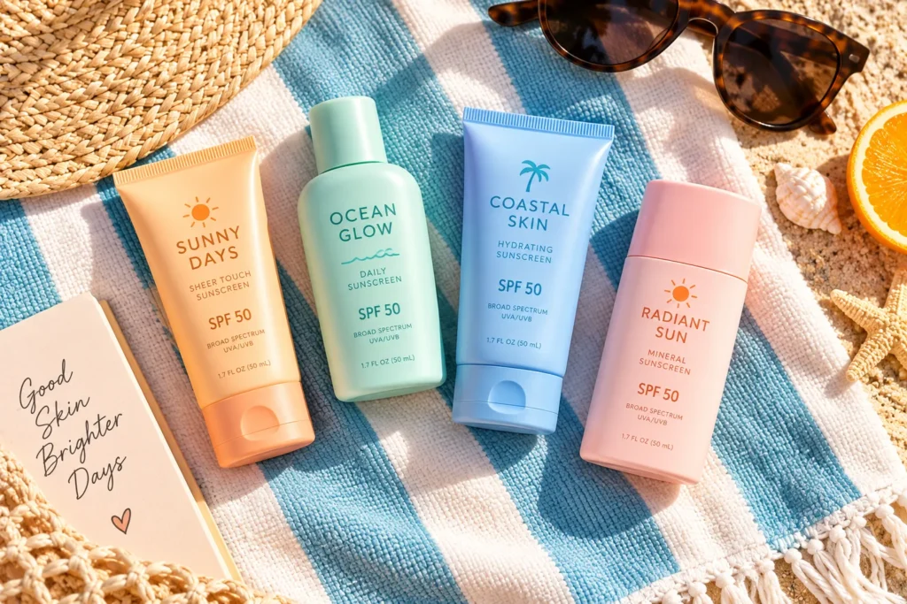 10 Beach Sunscreen Packaging Designs Made for Summer 10 Mini pastel sunscreen bottles arranged on a striped beach blanket