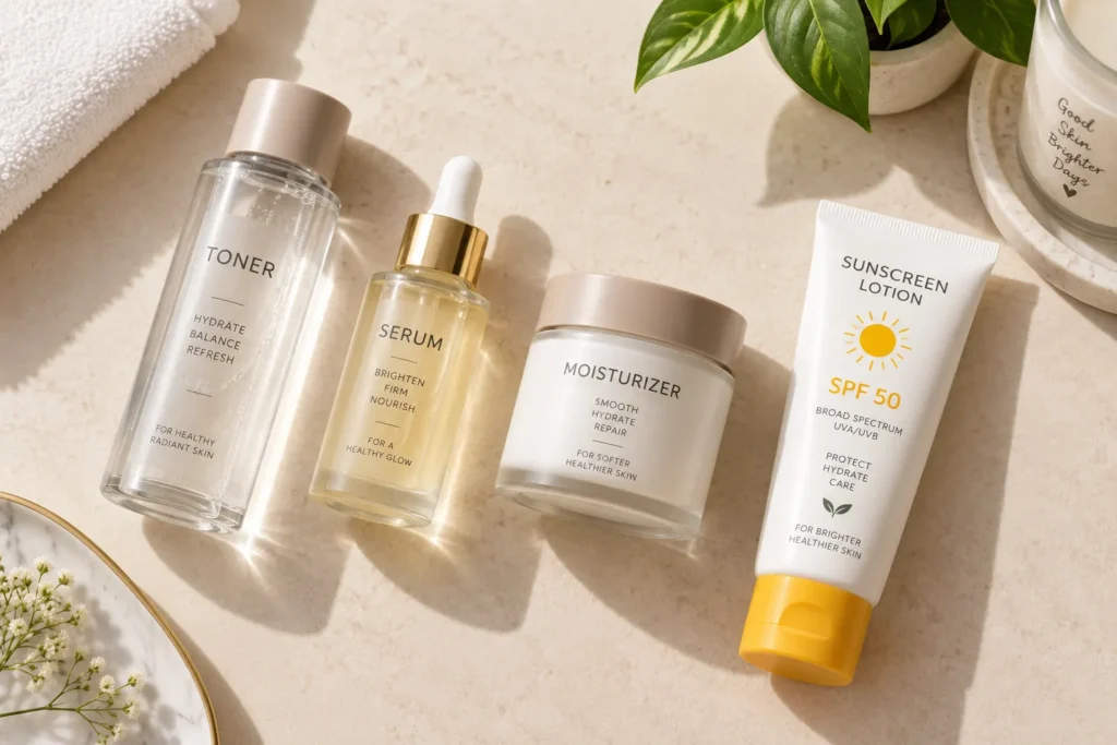 10 Sunscreen Lotion Secrets for Better Skin Care 4 Skin care products arranged in the correct layering order with sunscreen lotion