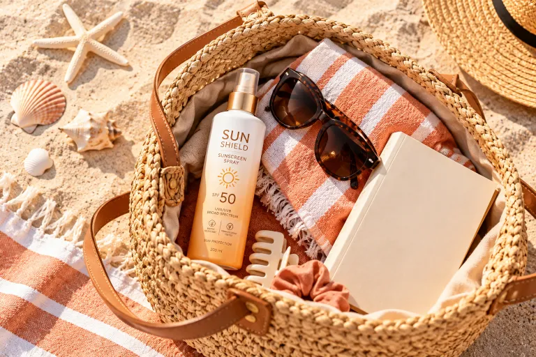 10 Summer Sunscreen Spray Ads to Inspire Your Brand 2 Open beach bag with sunscreen spray, sunglasses, towel, and book on sand