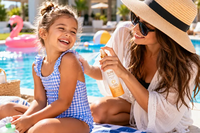 10 Summer Sunscreen Spray Ads to Inspire Your Brand 4 Parent spraying sunscreen on a laughing child at a sunny pool