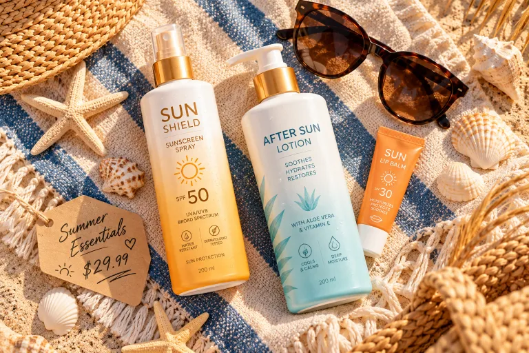 10 Summer Sunscreen Spray Ads to Inspire Your Brand 10 Flat lay of sunscreen spray, after sun lotion, and SPF lip balm