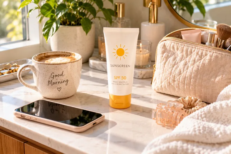 10 Sunscreen Cream Advertisement Ideas That Get Clicks 6 Sunscreen bottle on a bathroom counter as part of a daily morning routine