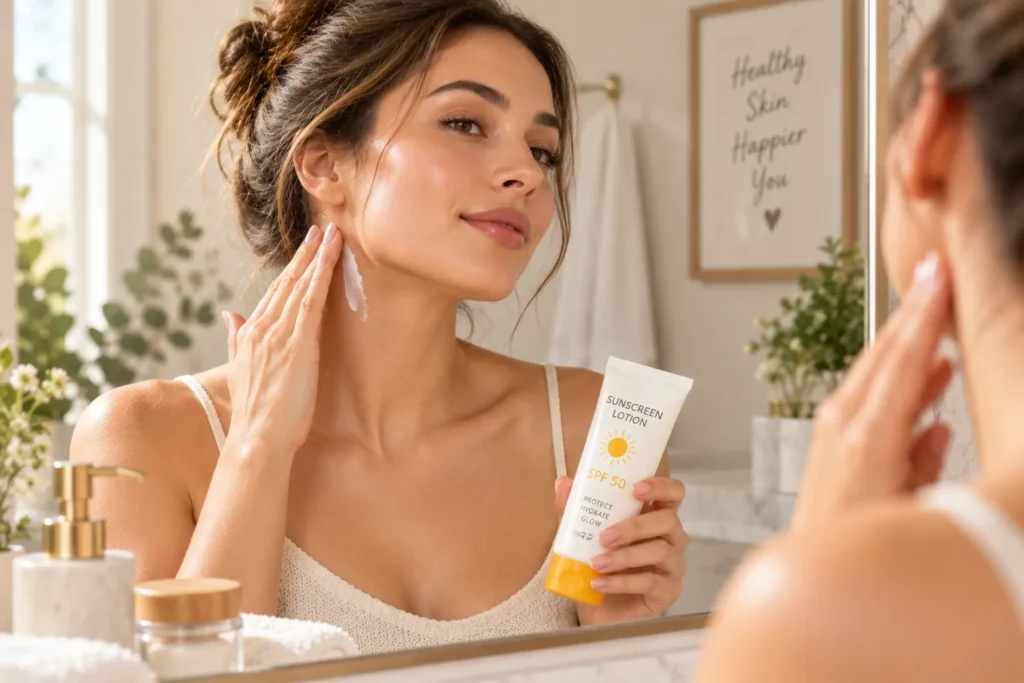 10 Sunscreen Lotion Secrets for Better Skin Care 6 Woman applying sunscreen lotion to her neck and ears for full sun protection