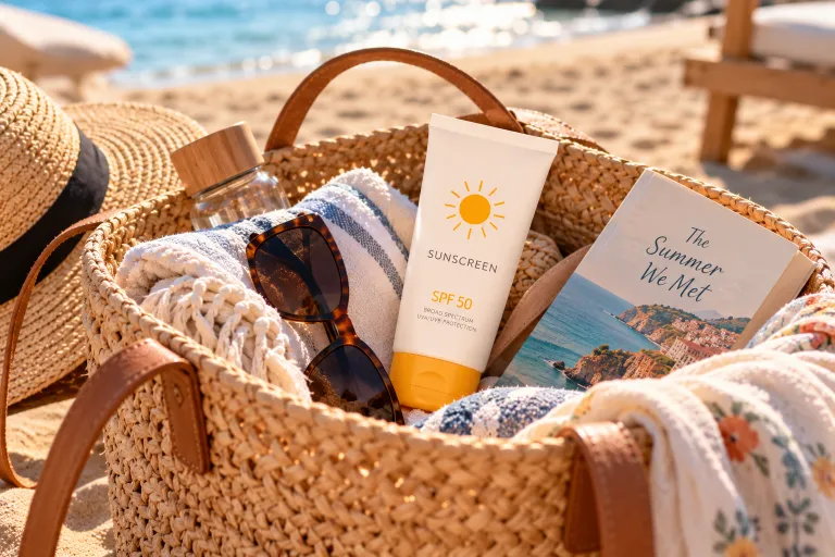 10 Sunscreen Cream Advertisement Ideas That Get Clicks 10 Sunscreen bottle inside an open beach bag with sunglasses and a towel