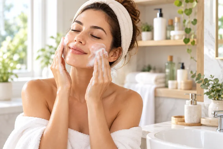 10 Skincare Routine Steps for Smooth, Radiant Skin 2 Woman massaging gentle white cleanser into her cheeks in a bright bathroom as the first step of a skincare routine