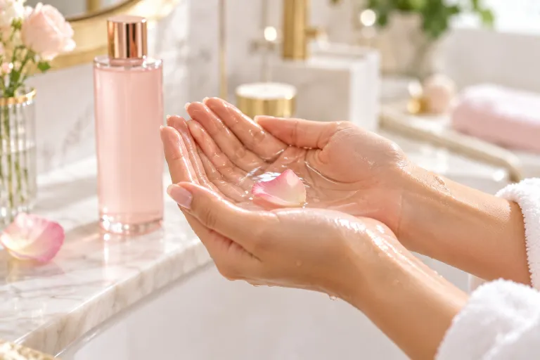 10 Skincare Routine Steps for Smooth, Radiant Skin 4 Hands holding a small pool of hydrating rose toner above a pastel glass bottle on a bathroom shelf