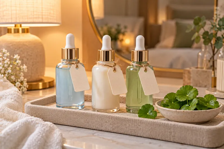 10 Skincare Routine Steps for Smooth, Radiant Skin 6 Three small serum bottles on a linen tray for treating different skin concerns as part of a night skincare routine