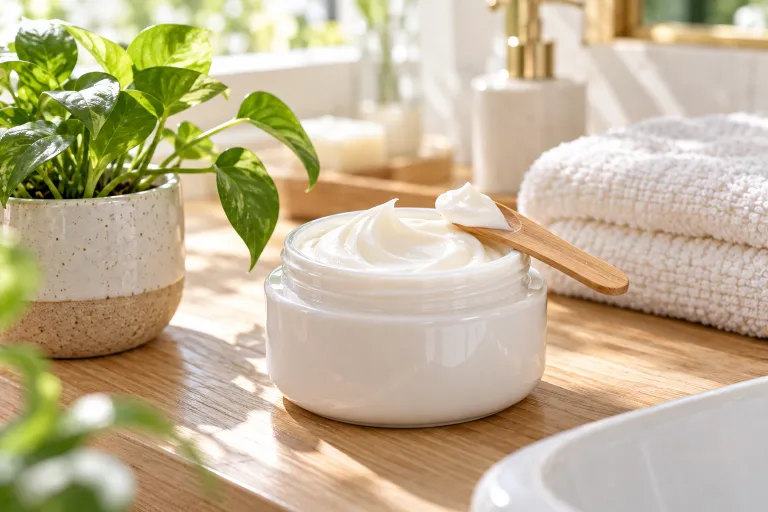 10 Skincare Routine Steps for Smooth, Radiant Skin 8 Open jar of creamy face moisturizer with a swirl on the surface next to a small green plant