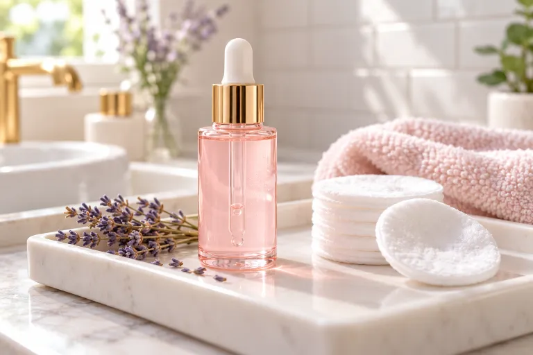 10 Skincare Routine Steps for Smooth, Radiant Skin 10 Pink exfoliating serum bottle with a soft cotton pad on a white tray for a gentle weekly exfoliation step