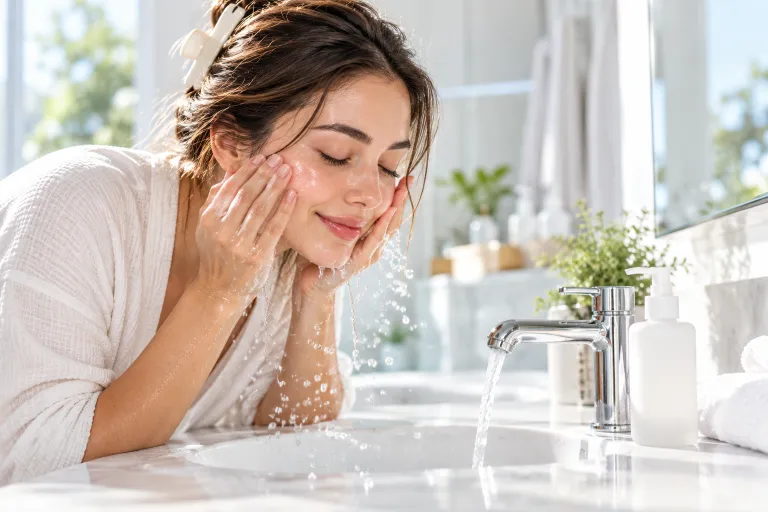 10 Acne Tips for Clearer-Looking Skin Every Day 2 Woman gently washing her face with lukewarm water and a mild gel cleanser at a bright bathroom sink