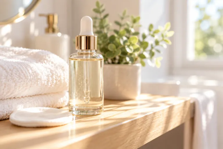 10 Acne Tips for Clearer-Looking Skin Every Day 4 Small bottle of acne toner with a cotton pad and white towel on a bathroom shelf