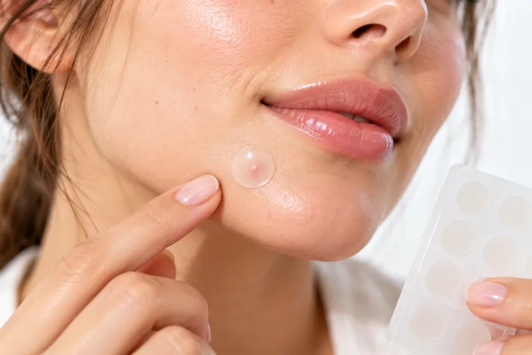 10 Acne Tips for Clearer-Looking Skin Every Day 6 Close-up of a small hydrocolloid acne patch on a chin with a hand holding the patch sheet