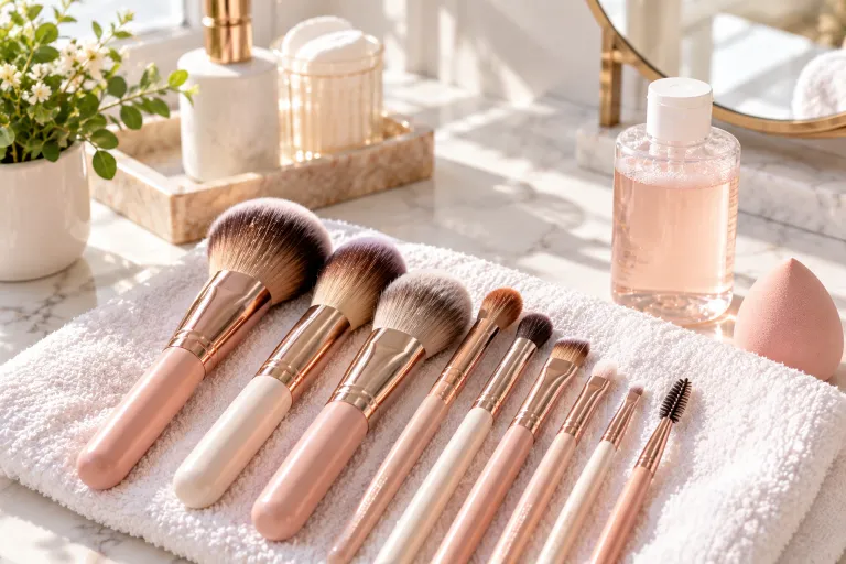 10 Acne Tips for Clearer-Looking Skin Every Day 8 Clean makeup brushes drying on a white towel beside gentle brush cleanser