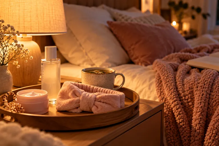 10 Acne Tips for Clearer-Looking Skin Every Day 10 Cozy bedroom at night with a lamp and skincare tray for a calming bedtime routine